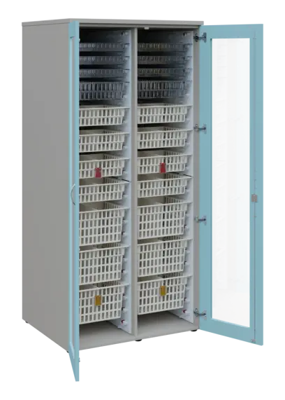 EUROMEDICA S - 90 skříň léková boxová, 2-dveřová/prosklená, 1950x900x735, korpus šedý, dvířka obloha